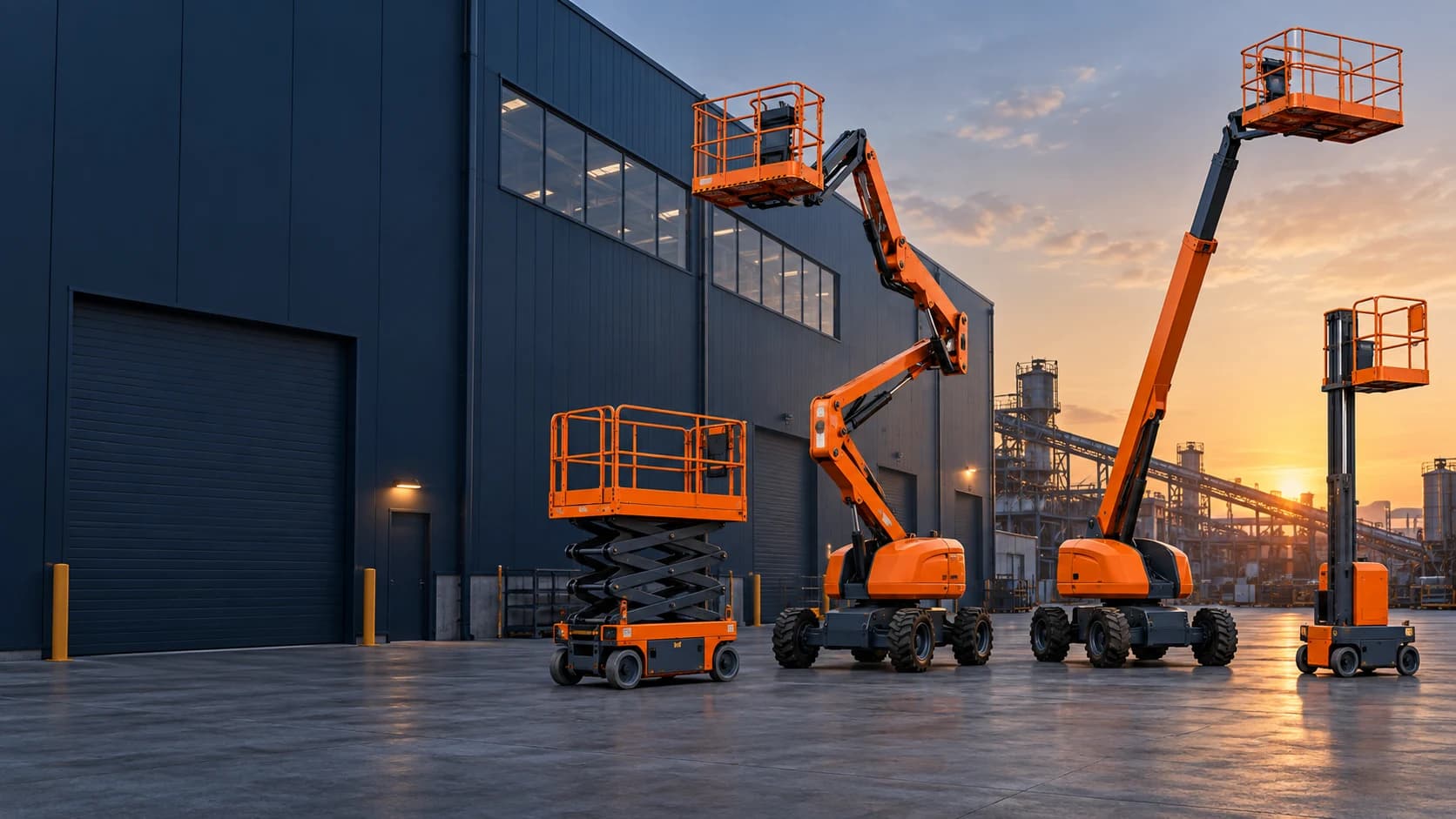 Illustrative orange scissor, articulated boom, telescopic boom and vertical mast platforms outside an industrial building